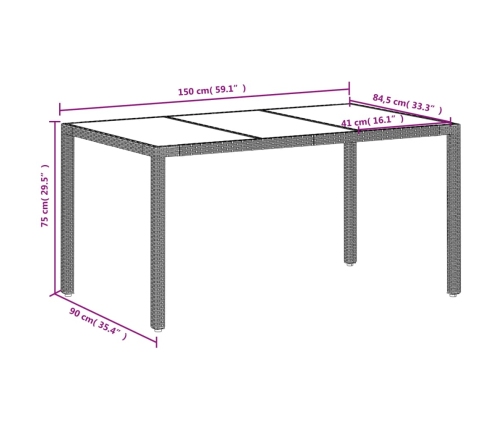 Mesa de jardín superficie de vidrio ratán PE gris 150x90x75 cm