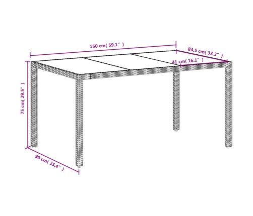 Mesa de jardín superficie de vidrio ratán PE blanco 150x90x75cm