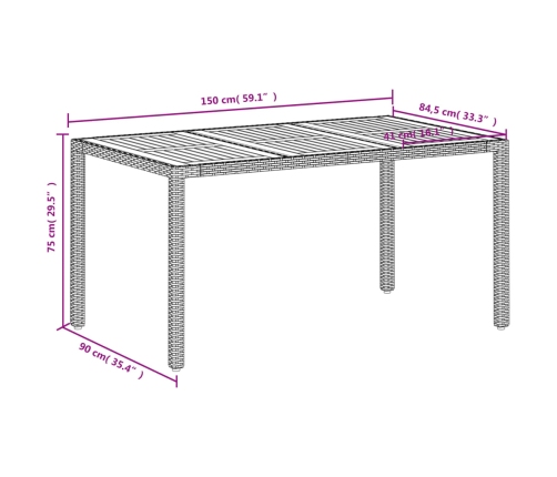 Mesa de jardín ratán PE y madera acacia beige 150x90x75 cm