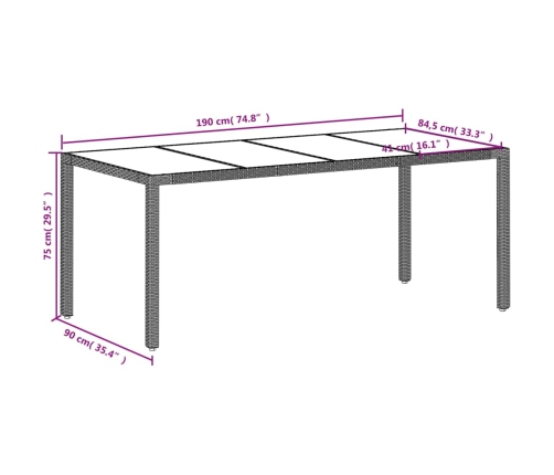 Mesa de jardín superficie de vidrio ratán PE gris 190x90x75 cm