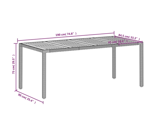 Mesa de jardín ratán PE beige y madera de acacia 190x90x75 cm