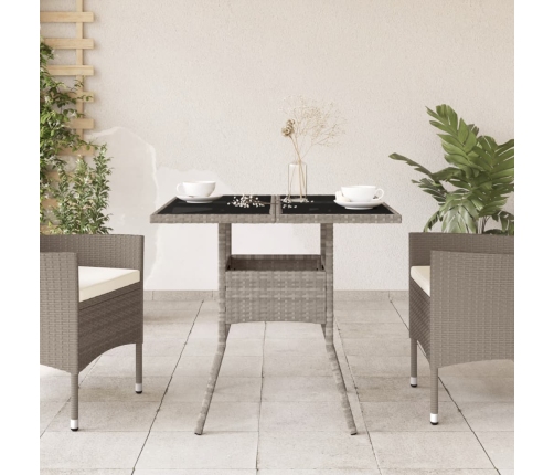 Mesa de jardín superficie de vidrio y ratán PE gris 80x80x75 cm