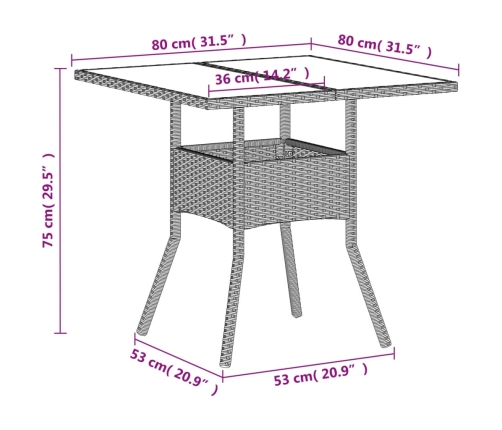 Mesa de jardín superficie de vidrio y ratán PE gris 80x80x75 cm