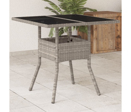 Mesa de jardín superficie de vidrio y ratán PE gris 80x80x75 cm