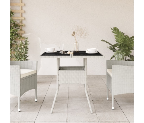 Mesa de jardín superficie de vidrio ratán PE blanco 80x80x75 cm