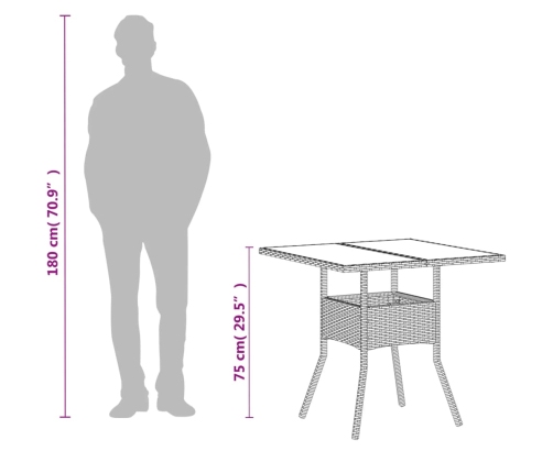 Mesa de jardín superficie de vidrio ratán PE blanco 80x80x75 cm