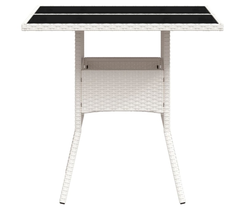 Mesa de jardín superficie de vidrio ratán PE blanco 80x80x75 cm