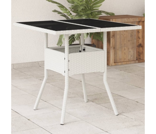 Mesa de jardín superficie de vidrio ratán PE blanco 80x80x75 cm