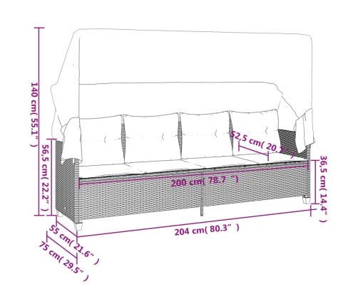 vidaXL Tumbona con capota y cojines ratán sintético negro