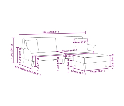 Sofá cama 2 plazas y almohadas taburete terciopelo gris oscuro