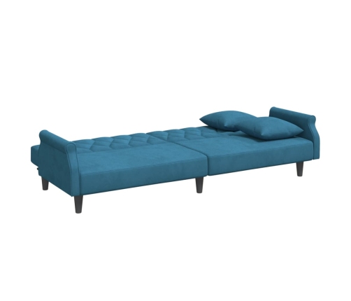 Sofá cama de 2 plazas con almohadas y taburete terciopelo azul