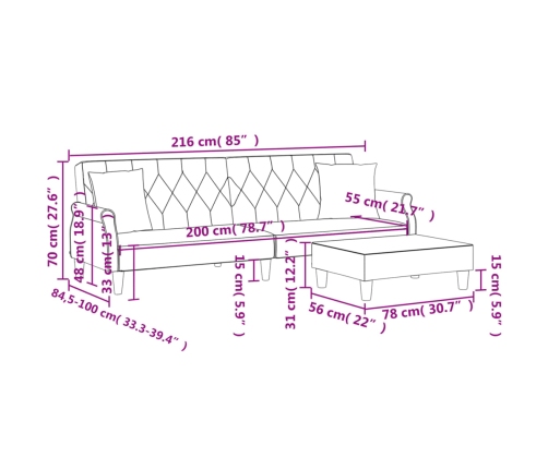 Sofá cama de 2 plazas con almohadas y taburete terciopelo azul