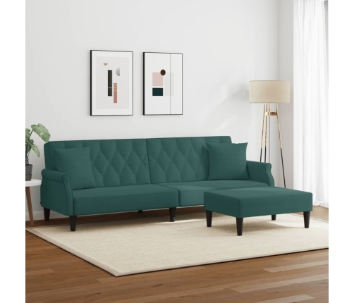 Sofá cama 2 plazas y almohadas taburete terciopelo verde oscuro