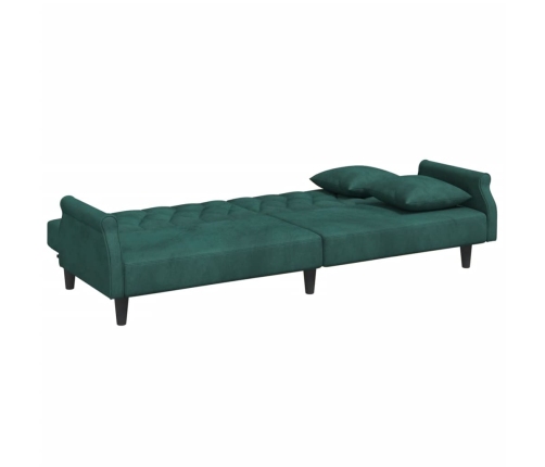 Sofá cama 2 plazas y almohadas taburete terciopelo verde oscuro