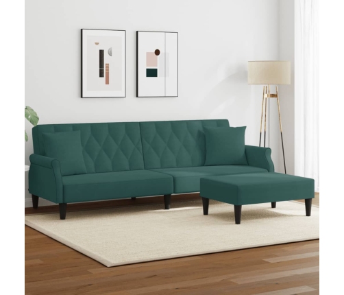 Sofá cama 2 plazas y almohadas taburete terciopelo verde oscuro