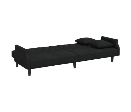 Sofá cama de 2 plazas con almohadas y taburete terciopelo negro