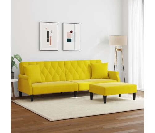 Sofá cama 2 plazas con almohadas taburete terciopelo amarillo