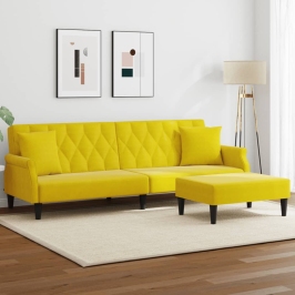 Sofá cama 2 plazas con almohadas taburete terciopelo amarillo