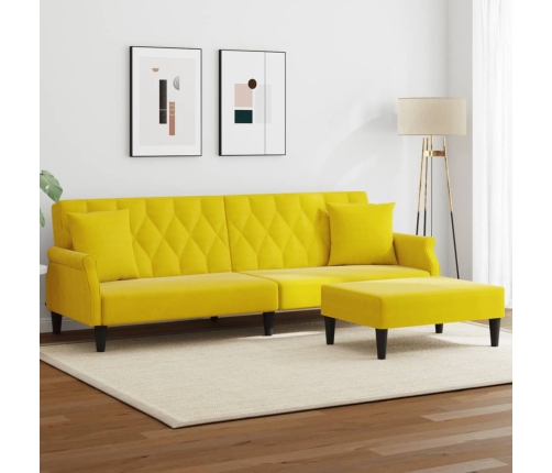 Sofá cama 2 plazas con almohadas taburete terciopelo amarillo