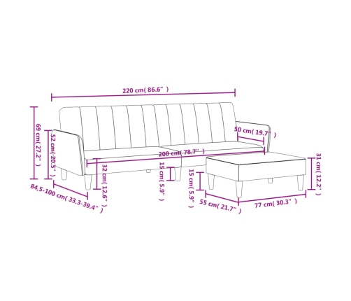 Sofá cama de 2 plazas con taburete tela gris claro