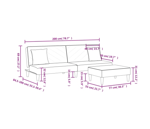 Sofá cama de 2 plazas con almohadas y taburete tela gris claro