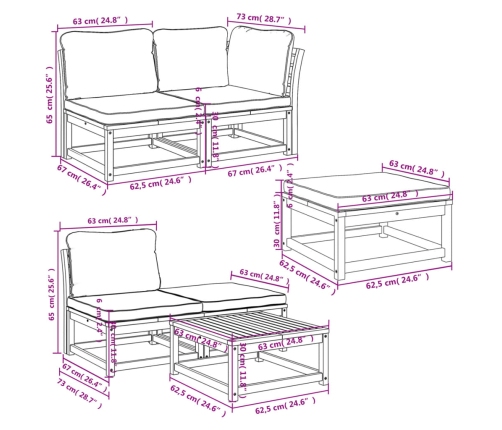 Juego de muebles jardín 6 pzas con cojines madera maciza acacia