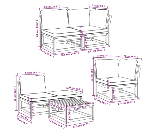 Juego de muebles jardín 6 pzas con cojines madera maciza acacia