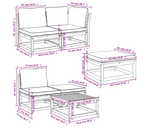 Juego de muebles jardín 6 pzas con cojines madera maciza acacia