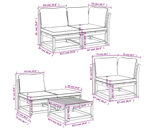 Juego de muebles jardín 6 pzas con cojines madera maciza acacia