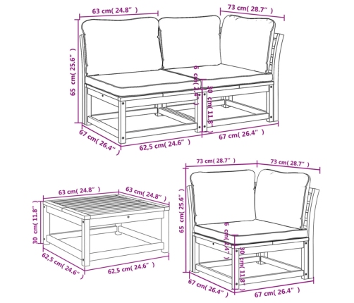 Juego de muebles jardín 6 pzas con cojines madera maciza acacia