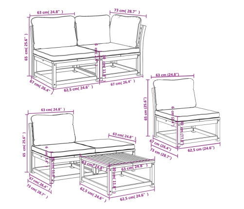 Juego de muebles jardín 6 pzas con cojines madera maciza acacia