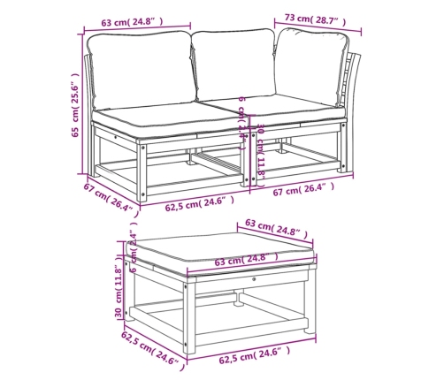 Set de muebles para jardín 3 piezas con cojines madera acacia