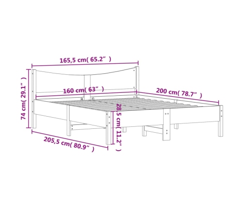 Estructura de cama sin colchón madera maciza de pino 160x200 cm