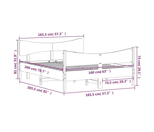 Estructura de cama sin colchón madera maciza de pino 160x200 cm