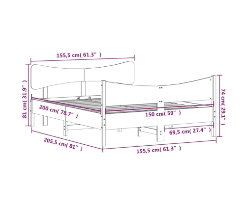 Cama sin colchón madera maciza pino marrón cera 150x200 cm
