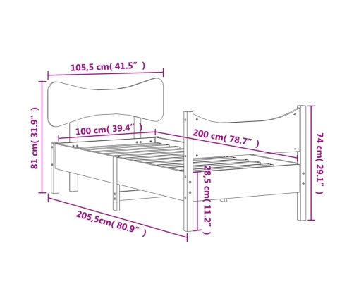 Cama sin colchón madera maciza de pino marrón cera 100x200 cm