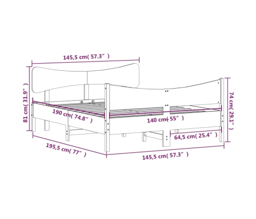 Estructura de cama sin colchón madera maciza de pino 140x190 cm