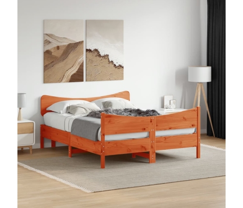 Cama sin colchón madera maciza de pino marrón cera 140x190 cm