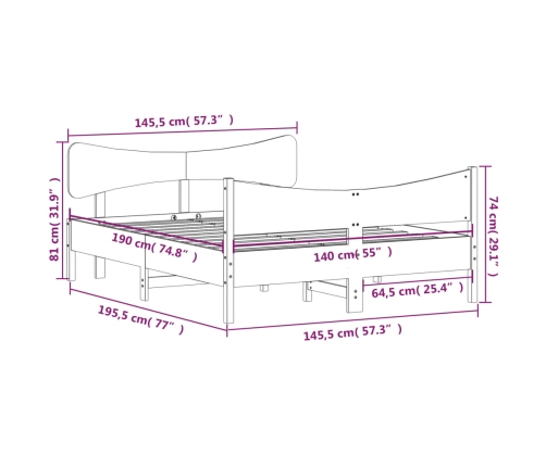 Cama sin colchón madera maciza de pino marrón cera 140x190 cm