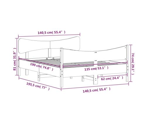 Estructura de cama sin colchón madera maciza de pino 135x190 cm