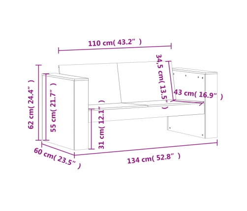 Sofá de jardín de 2 plazas madera maciza de pino 134x60x62 cm