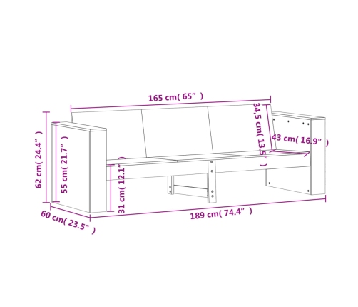 Sofá de jardín de 3 plazas madera maciza Douglas 189x60x62 cm