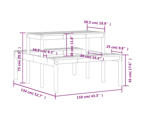 Mesa de picnic madera maciza de pino 110x134x75 cm