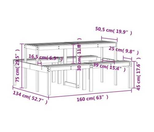 Mesa de pícnic madera maciza de pino 160x134x75 cm