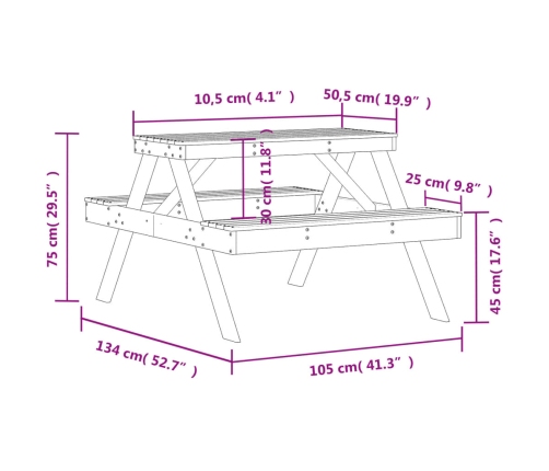 Mesa de pícnic madera maciza de pino 105x134x75 cm