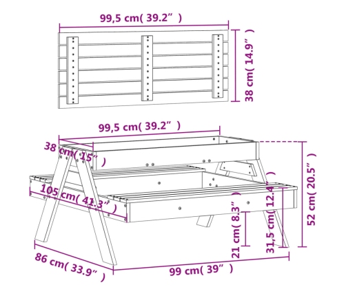 vidaXL Mesa de pícnic con arenero para niños madera maciza de pino