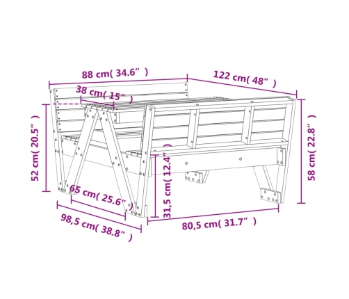 Mesa de pícnic para niños madera maciza de pino 88x122x58 cm