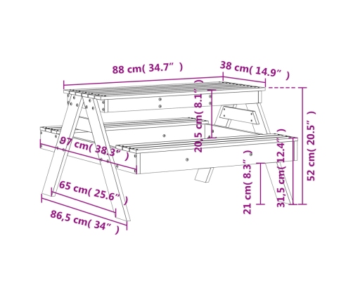 Mesa de pícnic para niños madera pino marrón cera 88x97x52 cm