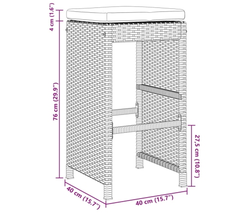 Taburetes altos de bar de jardín cojines 4 uds ratán PE negro