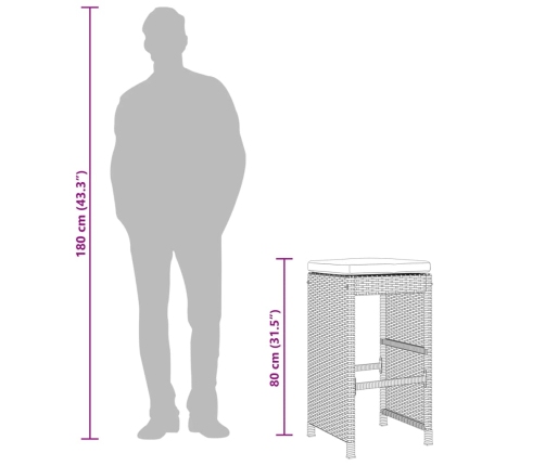 Taburetes altos de bar jardín con cojines 6 uds ratán PE marrón